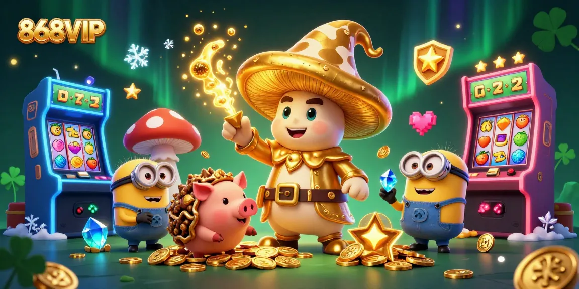 Experience the thrill of winning at 868VIP's vibrant casino scene with golden treasures and magical characters.