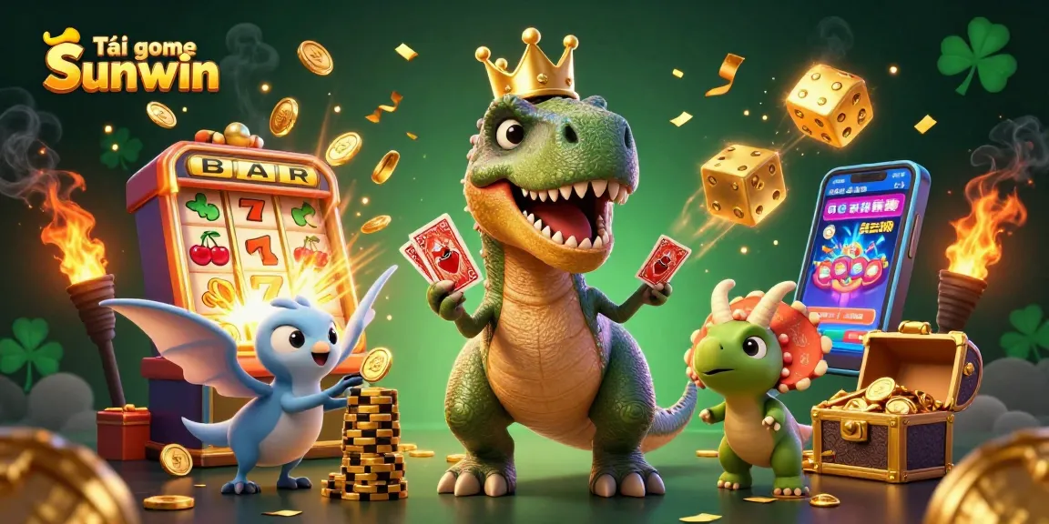 Tải game Sunwin with a T-Rex shuffling cards, a pterodactyl assisting, and a baby triceratops stacking chips in a dynamic casino scene.