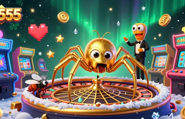 Engage with BL555's vibrant casino atmosphere featuring a golden spider, croupier centipede, and dynamic arcade games.