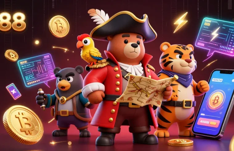 M88 casino scene with a cartoon bear captain and tiger, showcasing vibrant gambling elements.