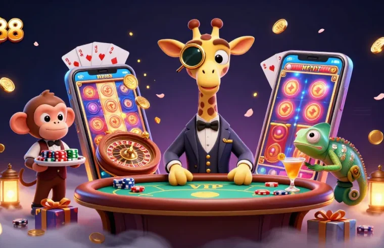 Engage at TK88 where a high-roller giraffe and friends enjoy vibrant casino games with golden cocktails.