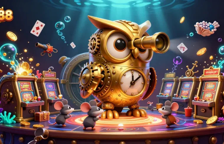 MM88 levitates through a vibrant casino scene filled with scattered treasures and dynamic gaming elements.