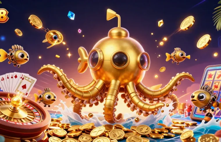 M98 players enjoy a vibrant scene of golden coins, captivating games, and excitement in a thrilling casino atmosphere.