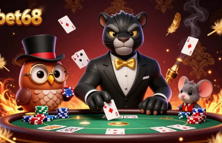Experience thrilling poker games with kubet68 featuring charming characters engaging in a vibrant casino scene.