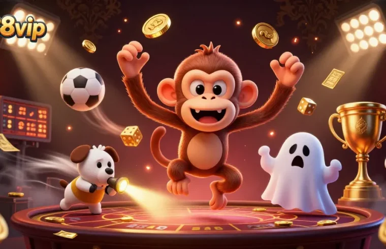 Place your bets with uu88vip in this lively casino scene featuring a mischievous monkey and a curious puppy.