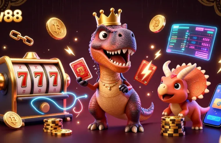 Engage with thrilling gaming experiences at ww88, featuring T-Rex and vibrant casino elements.