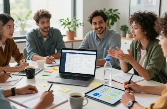 Team collaborating to build internal tools with AI in a modern office.