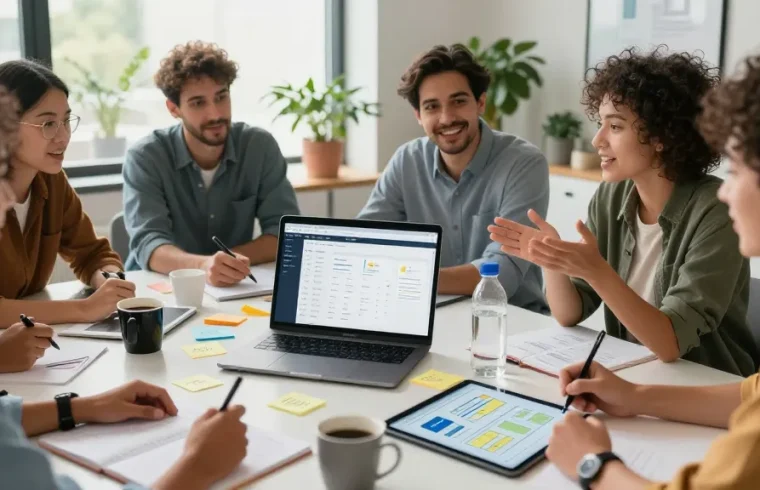 Team collaborating to build internal tools with AI in a modern office.