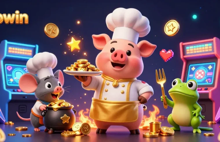 Experience thrilling gameplay at Vipwin while the pig chef serves gold coins in this vibrant casino scene.