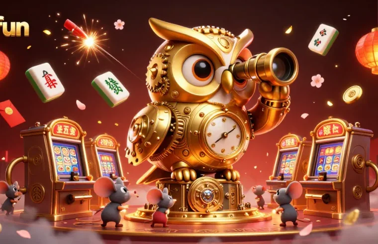 Okfun's captivating scene features a golden owl overlooking a vibrant casino filled with lively elements.