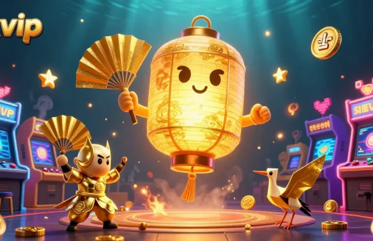 Experience thrilling games like slots at rikvip with a glowing lantern spirit and arcade elements.