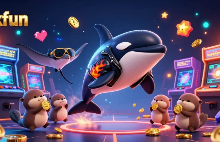 Experience Okfun’s thrilling casino games with orca, stingray, and sea otters amidst colorful arcade action.